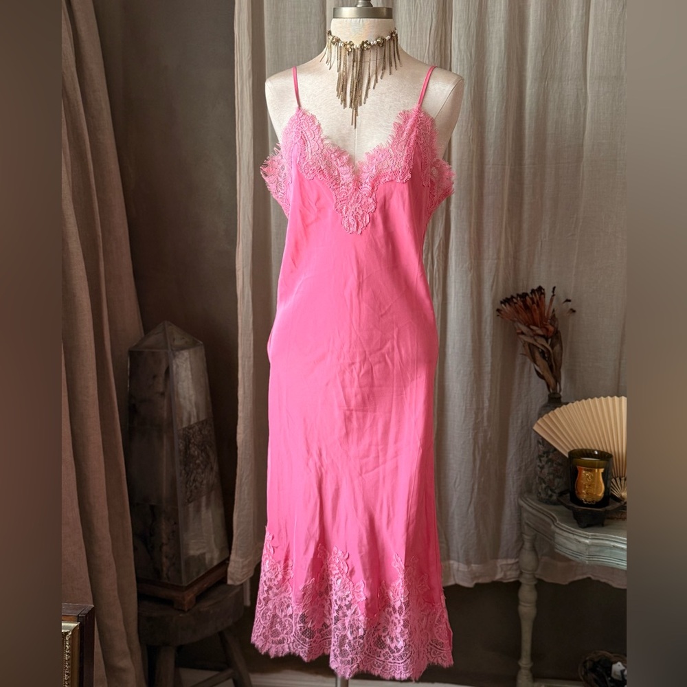 Gold Hawk 100% Silk Pink Lace Trim v neck slip Dress lingerie negligee romantic